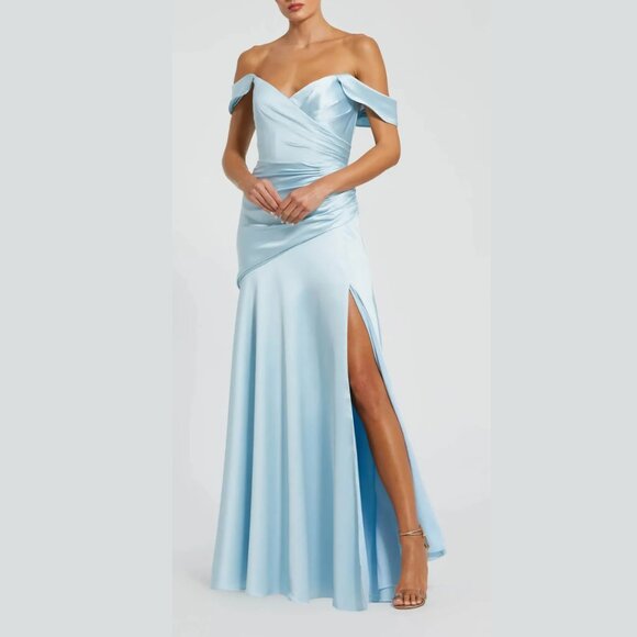 Mac Duggal Size 4 Light Blue Satin Off The Shoulder‎ Long Maxi Dress Gown - Picture 2 of 4